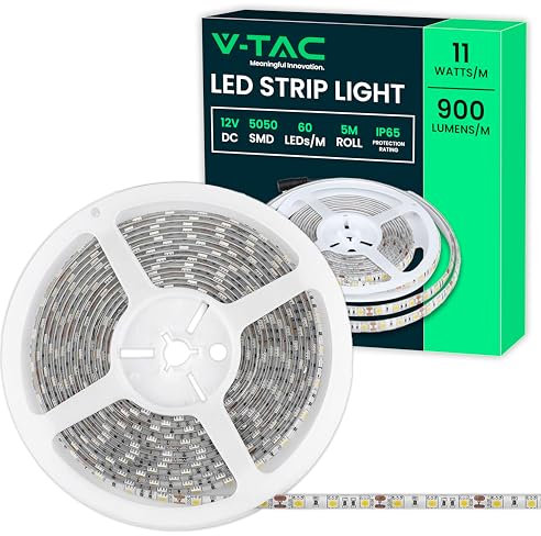 V-TAC Tira LED para Exterior Impermeable IP65-5 Metros 11W SMD 5050-4000K Blanco Neutro - Tira LED Brillante - Tira LED Exterior con Cinta Adhesiva y Flexible para Jardín, Patio, Habitación - 12V