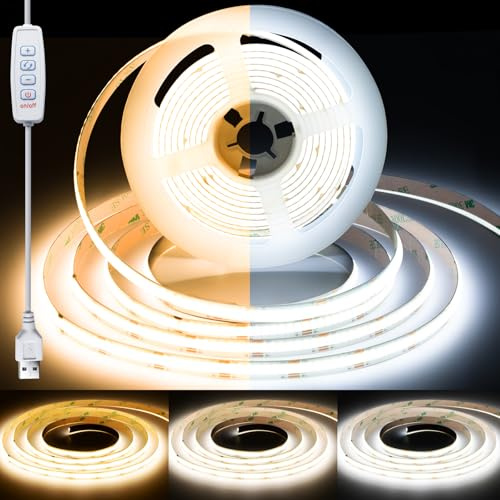 ShineBurky CCT COB LED Streifen 5V, 2M 608LEDs/M Dimmbar 2700K-6500K | 8mm Breite CRI93+ COB LED Strip Light Flexibles Silikon für TV Hintergrundbeleuchtung Küche Schrank Wohnzimmer