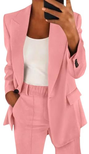 ORANDESIGNE Tailleur Donna Eleganti Moda Business OL Formale Maniche Lunghe Blazer Giacca Due Pezzi Set per Business Pantaloni da Completo Set Tute Donna Eleganti Lunghe per Primavera B Rosa Chiaro S