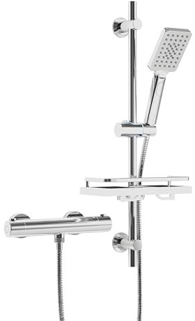 Görbach Columna Ducha Termostático con Juego de Barra de Ducha de Acero inoxidable 70 cm, Estante de Ducha, Grifo Mezclador + Ducha de Mano Cromado