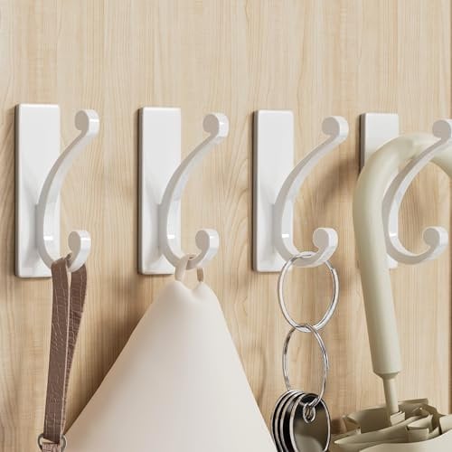 jockcaras Adhesive Coat Hooks for Door: 5KG Sturdy Wall Hook for Hanging Towel, Bathroom, Heavy Duty Stainless Stick on Hanger, White, 4-Pack