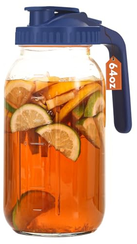 Mihlapi Mason Jar Pitcher With Lid and Spout, 64 OZ Glass Milk Pitcher for Breastmilk, Glass Jug Sun Tea Pitcher, Fruit Drinks Container, Mason Jar Pour Spout Lid with Wide Mouth for Fridge (Blue)