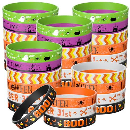 Morcheiong Lot de 60 bracelets en silicone sur le thème d'Halloween pour fête d'Halloween, 6 motifs (noir + orange + blanc + vert + violet)