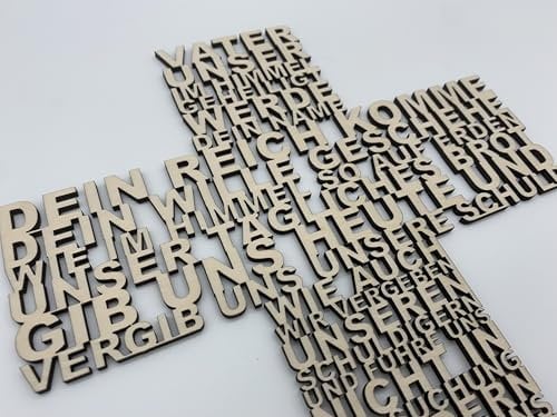 Vater unser Gebet aus Holz Kreuz geschnitten Geschenk Taufe Konfirmation Kommunion Wandschmuck Wandkreuz 28cm x 21cm Deutsch (Natur)