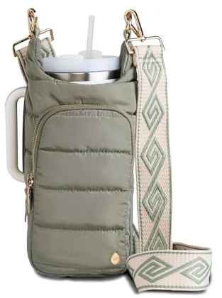 WanderFull HydroBag® HANDLE, Zipper for Handle, 40 oz Water Bottle Holder w/Strap, Crossbody Water Bottle Carrier Bag w/Phone Pocket, Tumbler Accessories - Sage Green w/Patterned Strap