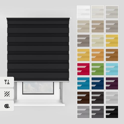 Estika Doppelrollo mit Bohren 170x150 cm Farbe: Schwarz, Rollo Deckenmontage und Wandmontage Fenster rollos für innen, Jalousien Fenster, Tür Rollo