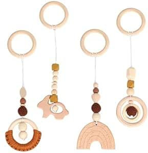 AsyinXson Pack of 4 Baby Toys from 0 Months, Play Arch Baby Wood from Birth for Baby Shower and Newborn Gift for Baby Seat Pram Car Seat Toy (Brown)
