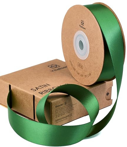 Vitalizart Grünes Satinband 2,5cm*22,8m für Geschenkverpackungen, Doppelseitiges Polyester Geschenkband, Dicke Stoffbänder für Bastelarbeiten, Dekorationen, Weihnachtskränze & Haarschleifen