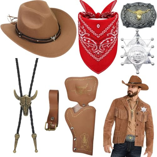 Saier tbo 8 Stück Cowboy Kostüm Zubehör Set, Deluxe Western Cowboy Outfit Kit mit Brauner Hut Paisley Bandana Holster Gürtel Boloschnalle Krawatte Halskette Sheriff Abzeichen für Herren Cosplay Party