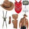 8 Stück Cowboy Kostüm Zubehör Set, Deluxe Western Cowboy Outfit Kit mit Brauner Hut Paisley Bandana Holster Gürtel Boloschnalle Krawatte Halskette Sheriff Abzeichen für Herren Cosplay Party