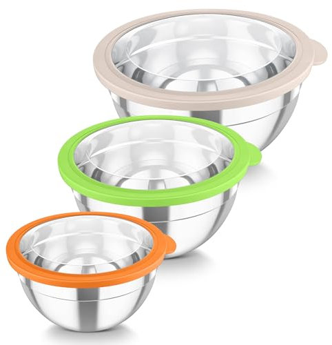 TEAMFAR Rührschüssel Set, 3 Stück Edelstahl Schüssel mit Transparenter Luftdichtem Deckel, Stapelbar Schüsselset, 4,5L/3L/1,5L, Salatschüssel zum Servieren/Kochen/Backen, Spülmaschinenfest - Bunt