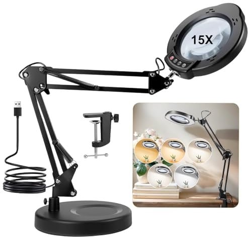 Lupe mit Licht und Ständer 15X Leselupe mit Licht für Senioren Groß LED Lupenleuchte mit Klemme Lupenlampe mit 5 Farbmodi Dimmbare Diamond Painting Zubehör für Lesen Basteln Juweliere Modellbau