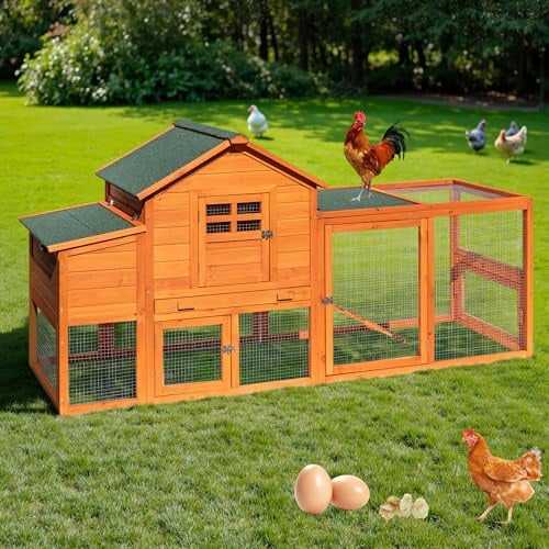 WHEGETED Large Chicken Coop Outdoor Durable Duck House Poultry Pet Hutch & 2 Wood Eggs Run Cage Nesting Box Waterproof Asphalt Roof Ramp Removable Tray Wire Fence for Backyard Small Animal79 Brown