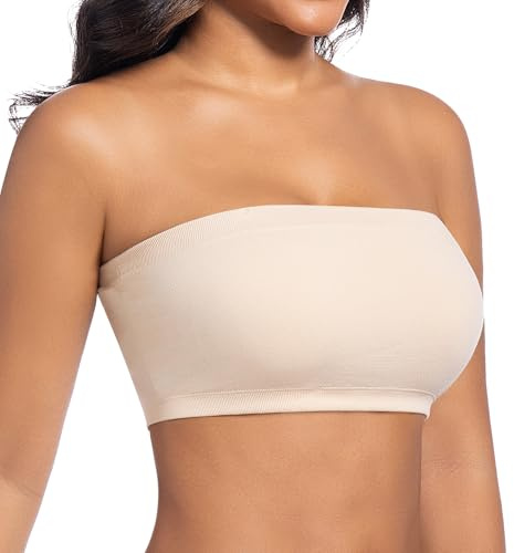 ONEW Bandeau Bra for Women Seamless Non-Wired Strapless Bra Breathable Bandeau Top with Removable Convertible Straps， Beige， M