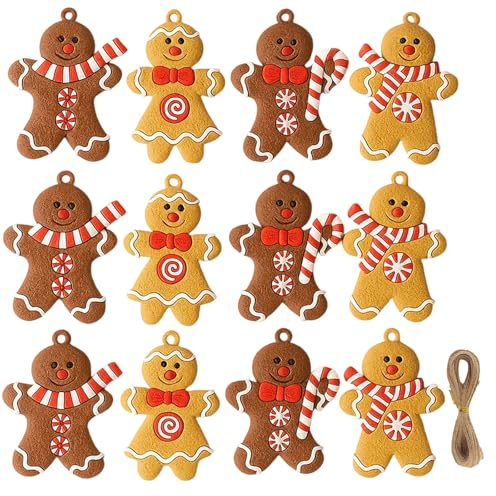 Weihnachtsbaum Deko， 7 cm x 5 cm， 12 Stück Lebkuchenmännchen Christbaumschmuck mit Juteschnur， Traditioneller Weihnachtsschmuck für Tannenbaum， Kamin und DIY