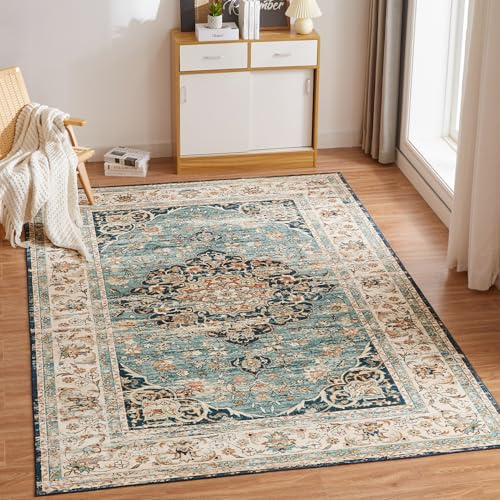 CHOSHOME Waschbarer Kurzflor Teppich Wohnzimmer - 300x400CM Vintage Blau | Fußbodenheizung Geeignet, Rutschfeste Boho Groß Teppiche Für Esszimmer Schlafzimmer Büro, Weich Maschinenwaschbar Carpet