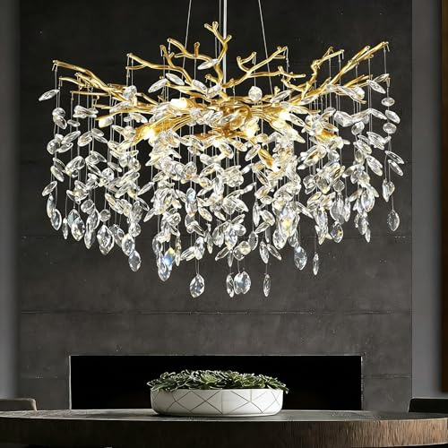 PIOUTNF 30 Gold K9 Crystal Tree Branch Chandelier, Gold Chandeliers Ceiling Lights, 10-Light G9 Bulb Pendant Lighting for Dining & Living Room, Entryway, Foyer