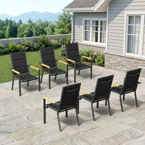 TRIUMPHKEY Gartenstuhl aus wetterfestem mit Holzkorn Handlauf, Aluminium Outdoor Garten Stapelstühle mit Baumwollsitz für Balkon, Terrasse, Garten - Set aus 6 Stück, DunkelGrau