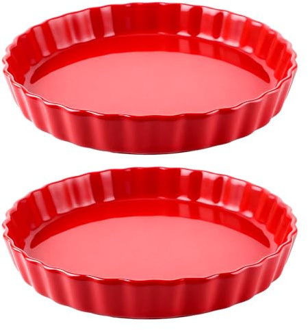 LOPYXBR 2er Set Quicheform Keramik Rund 24.5cm Backform Rot Tarteform für Quiche und Obstkuchen Backform Keramik Hochwertig Wellenrand Design