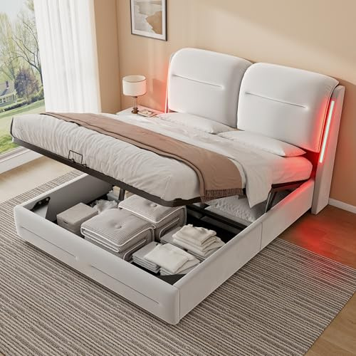 ZUUYEE King Size Bed Frame 5ft with LED and Lift Up Storage, Ottoman Bed King Size with Thick Headboard, Beds, Frames and Bases with Slats and Metal Bedframe, Beige Velvet, 150x200cm, Without Mattress