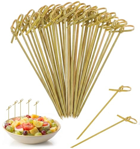 100 brochetas de madera de bambú con nudos de 12 cm, brochetas de madera con nudo original, palillos de madera para cócteles, pequeños aperitivos, antipasti