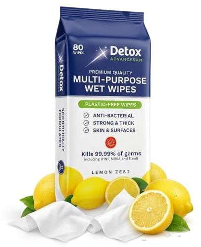 Detox AdvanceSan Multipurpose (SKIN and SURFACES) Antibacterial Wipes, EXTRA THICK, Lemon Scent | BULK BUY 12 x 80 (960 Wipes) | Home and Workplace Disinfecting | PLASTIC-FREE & Biodegradable