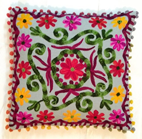 Traditionelle Jaipur Suzani Kissenbezug 16 x 16, dekorativer Überwurf-Kissenbezug, indisches Outdoor Kissen, Boho Pom Pom kissenrollen