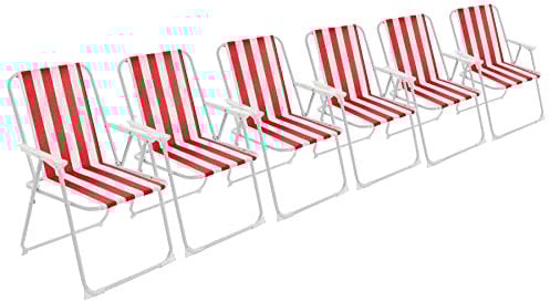 Harbour Housewares Folding Beach Deck Chairs - Red Stripe - Pack of 6 - Metal Outdoor Patio Seat Lightweight Portable Deck Chair for Picnic, Garden, Camping, Fishing