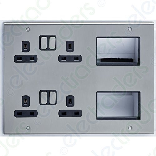 Deta SD1975SSB Multi-Media Lounge Plate with 2 x Twin Switch Sockets & 6 Euro Module Spaces (Stainless Steel/Black Inserts)