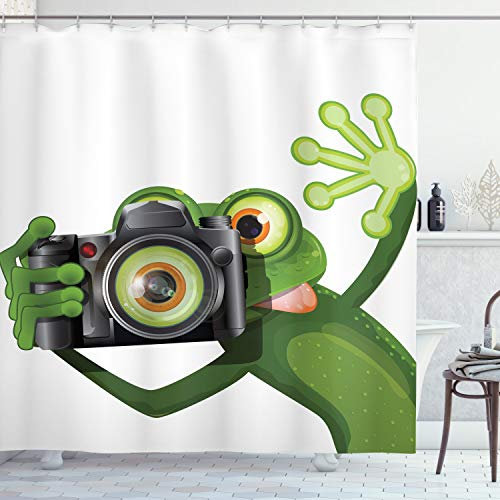 ABAKUHAUS Frosch Duschvorhang, Lustige Tier mit Kamera, Stoffliches Gewebe Badezimmerdekorationsset mit Haken, 175 x 240 cm, Weiß Schwarz