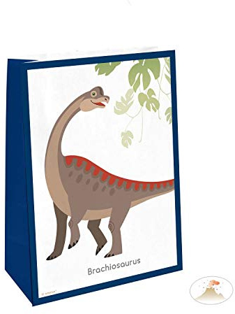 Amscan 9903978 - Papiertüten Fröhlicher Dinosaurier, 4 Stück, Größe 14,7 x 21 cm, mit Sticker, Dino, Happy Dinosaur, Geschenktasche, Verpackung, Tüte, Give Away