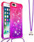 LEMAXELERS Necklace Case for iPhone SE 2020 / 8 / 7, Glitter Bling Flowing Liquid Shiny 3D Moving Quicksand Cover with Necklace Cord Strap, Pink Purple