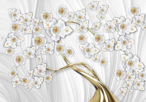 wandmotiv24 Fototapete Blütenbaum weiß gold, M 250 x 175 cm - 5 Teile, Wanddeko, Wandbild, Wandtapete, Baum Blüten Rosen M6615
