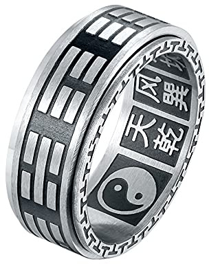 HIJONES Herren Ring Rostfreier Stahl Silber Yin Yang Tai Chi Acht Diagramm 7mm Band Mantra