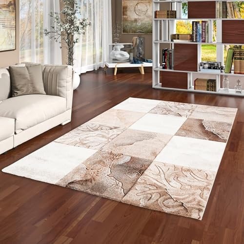 Pergamon Kurzflor Wohnzimmer Designer Teppich Maui Barock Karo Beige Braun in 5 Größen