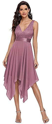 Ever-Pretty Robe de Soirée Asymétrique au Genou Femme Double Col-V sans Manche en Dentelle Mousseline de Soie Orchidée 56