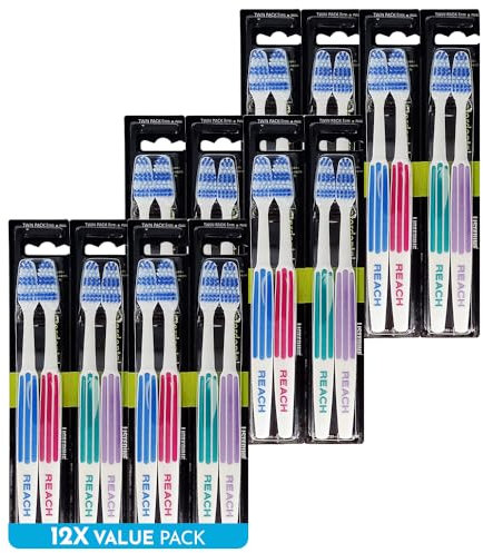 REACH Essential Care Interdental Firm Toothbrush, Duo Pack x 12, Full Head Hard Bristle Manual Toothbrushes, Variety Colors Multipack, Daily Oral Enamel Dental Care