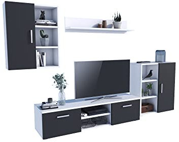 MATKAM Wohnwand Dedal, Schrankwand Wohnzimmer Modern, Wohnzimmerschrank mit Fernsehtisch Komplett Möbel (Weiß-Schwarz)
