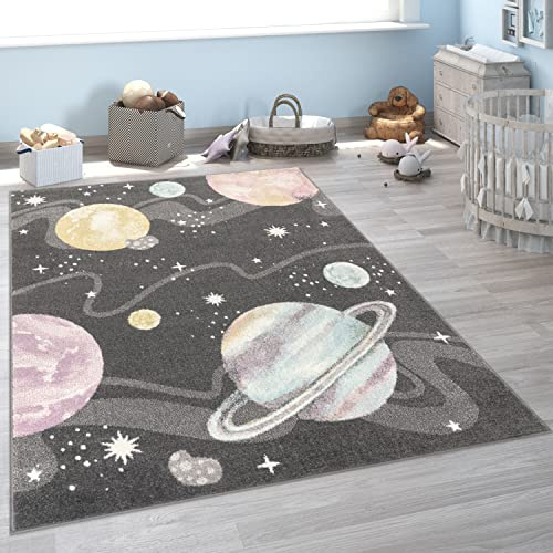 Paco Home Kinderteppich Teppich Kinderzimmer Junge Mädchen Modern Weltraum Planeten Sterne Weich Anthrazit Mehrfarbig, Grösse:120 cm Rund