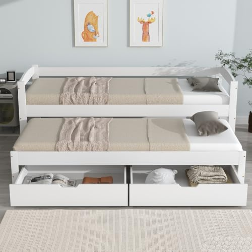 Moimhear Cama individual y doble, cama deslizable con ruedas en la parte inferior, con 2 cajones en MDF, estructura de madera maciza, blanco (90x200cm/90x190cm)