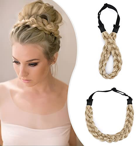 Elailite Haarband Geflochten Haargummi mit Haare Damen Haarteile Dutt Braids Extensions Stirnband Breit 3.8cm/L Zopf Haarreif Verstellbare Kopfband Haarschmuck 50g # Hellblond/Hellstes Blond