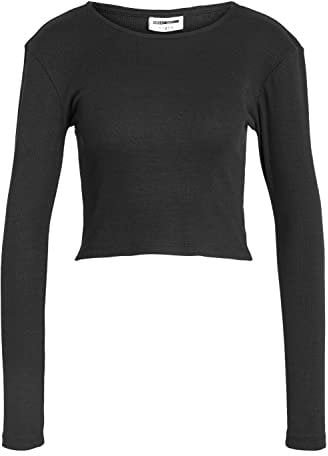 Noisy may Damen Einfarbiges Langarm Crop Top Basic Geripptes Stretch Rundhals Oberteil NMMAYA