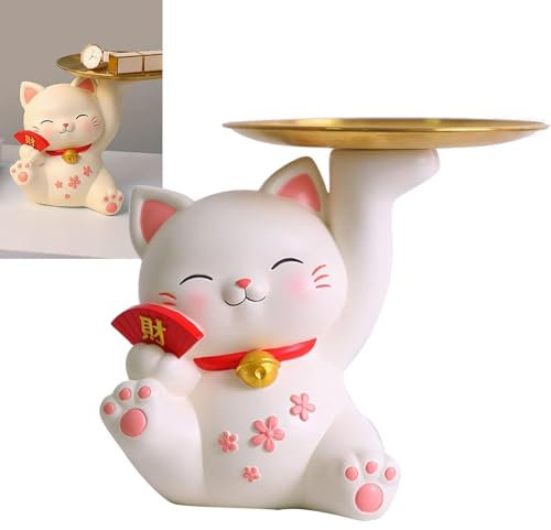 Key Tree, Wood Key Tray for Entryway Table Tabletop Key Holder Tree Jewelry Stand Display Japanese Lucky Cat Storage Tray Statue(03)