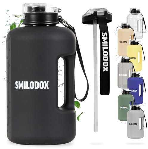 SMILODOX Trinkflasche 2,2 Liter - Extra Stark große Wasserflasche - BPA-frei, Sportflasche + Strohhalm (2 Deckel) Ideal für Fitnessstudio, Bodybuilding, Outdoor-sport, Wandern & Büro
