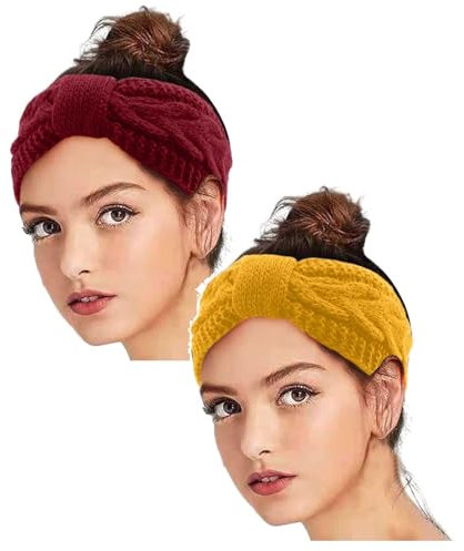 2 Stück Winter Stirnband Damen Strick Ohrenwärmer Haarband Haarreifen Mädchen Geknotet Gestrickt Stirnbänder Verdicken Frauen Haarbänder Häkelarbeit Elastische Plüsch Skifahren (Dunkelgrau + Beige)