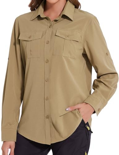 Tuopuda Chemisier Femme Chic Élégant Blouses UPF 50+ Protection Solaire T-Shirt Chemise Col en V avec Boutons Respirant Tunique Haut Manches Longues Décontracté Tops Randonnée Safari, Khaki, XL