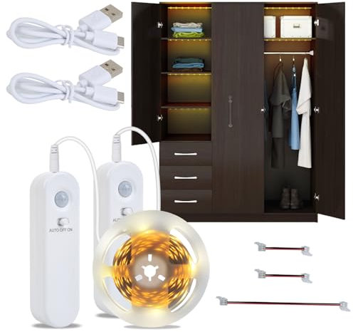Hoobabuy Tira LED con Sensor Movimiento y Sensor Luz, Batería Recargable, Iluminación LED debajo gabinete para Armario, Escaleras, Habitación Bebé, Cocina, 5M, Blanco Cálido 2700K