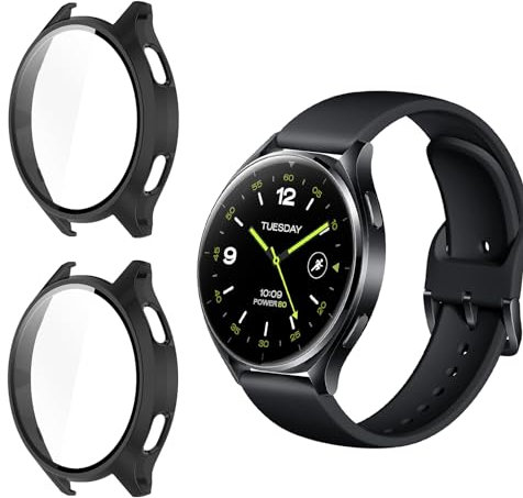 Funrae Hülle Kompatibel mit Xiaomi Watch 2 [2 Stück], PC Gehäuse mit Hartglas Displayschutz Schutzhülle Vollschutz Kratzfest Ultradünner Puffer Schutz Case - Schwarz