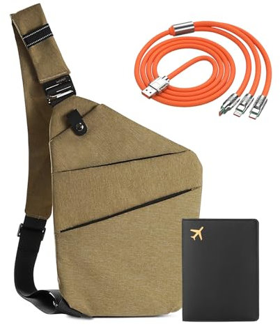 IUHFSIFS Upgrade Diebstahlsichere Tasche【0 Belastung - Komfortable Ergonomie】Diebstahlsichere Umhängetasche【Viele Taschen Extrem Wasserdicht & Kratzfest】Anti Diebstahl Tasche Damen Herren Khaki Links