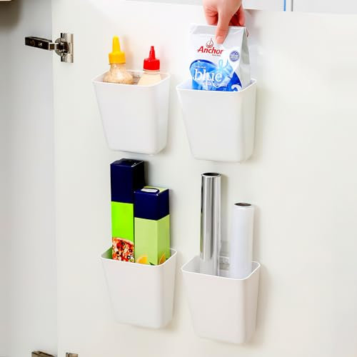 APOMOONS 4 Pieces Kitchen Cabinet Door Storage Box Organizer Small Self-Adhesive Wall Mounted storage baskets, Cabinet/Bathroom/Fridge/wardrobe/Kitchen/Shelves Small Items Organiser Storage Box